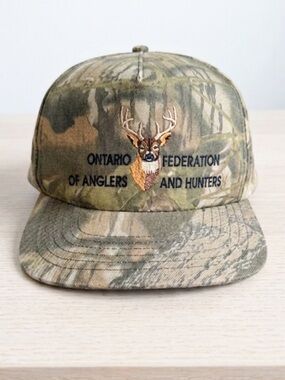 Vtg OFAH Camo Snapback Hat Deer Embroidered Ontario Anglers Hunters Cap